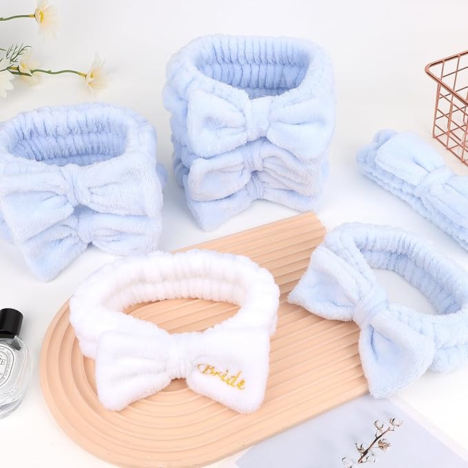 CIEHER 8 Pack Spa Headbands for Bachelorette Party Favors - Bride and Bridesmaid Skincare Makeup Face Wash Headbands in White & Blue