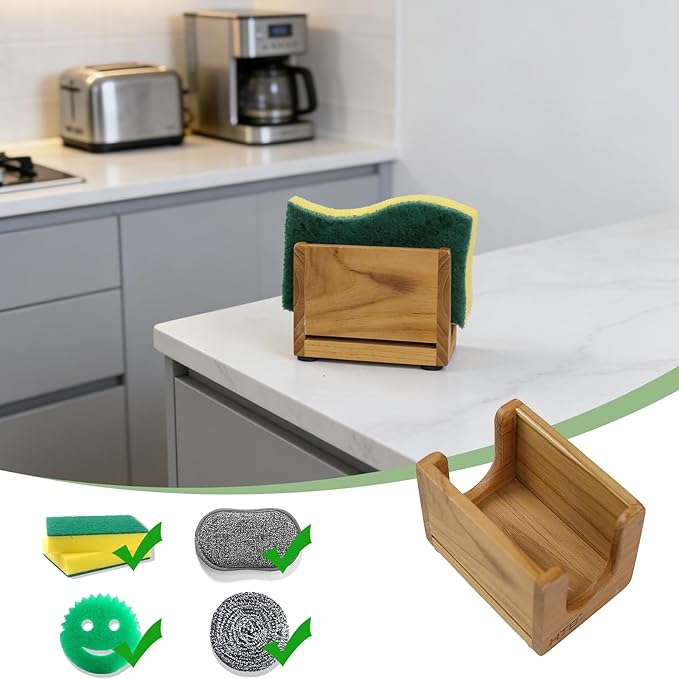 HTB Sponge Holder for Kitchen Sink,Teak Wood Dish Sponge Caddy Rack Tray Stand with Drain,Kitchen Sink Storage Organizer Countertop