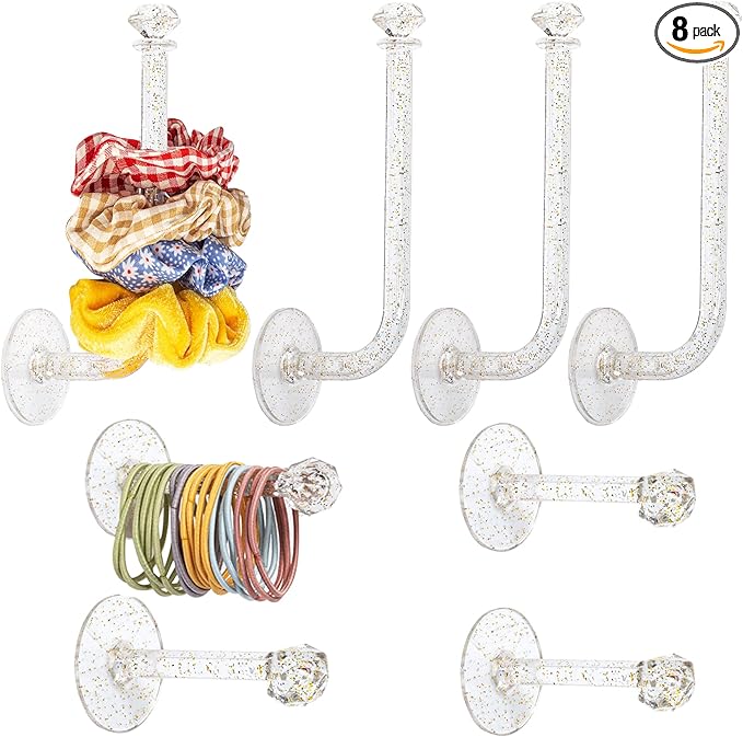 8Pcs Headband Holder Stand Scrunchie Organizer, Girls Hair Accessories Organizer Storage for Headband Hairband Hair Ties, Acrylic Clear Glitter Adhesive Scrunchy Holder Scrunchie Tower Storage