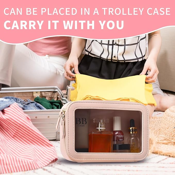 Clear Makeup Bag Small Cosmetic & Toiletry Bag Waterproof Travel Case Women's Pouch Organizer Makeup Bag for Car with Zipper (Pink, Small-1)
