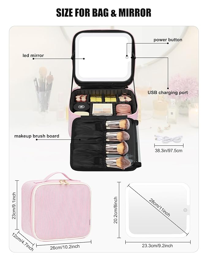 Relavel Travel Makeup Bag With LED Mirror, Portable Cosmetic Bag Organizer with Adjustable Brightness in 3 Color Scenarios, Small Cute Train Case with Detachable Dividers for Trip- Pink Strip