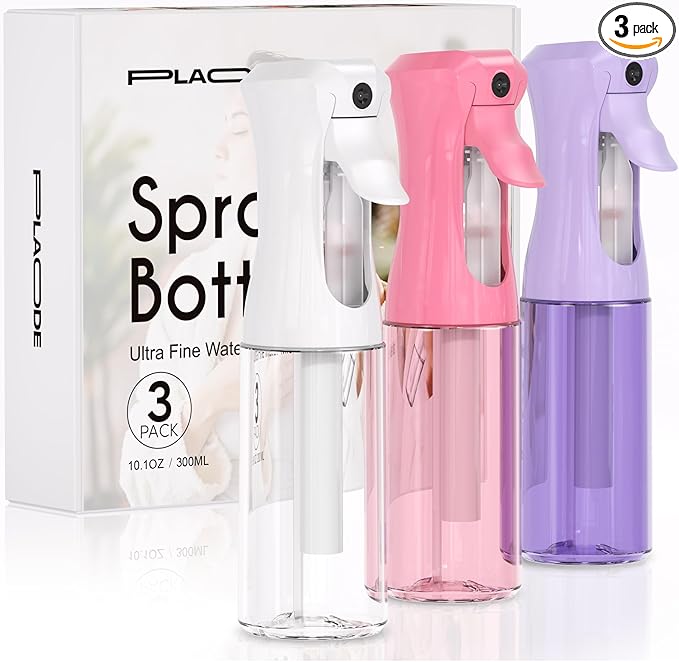 3 Pack Spray Bottle for Hair - Continuous Hair Spray Bottles Refillable Mister Sprayer for Hairstyling, Plants, Pets, Skincare, Cleaning (10.1 OZ/300ML, White+Pink+Purple)