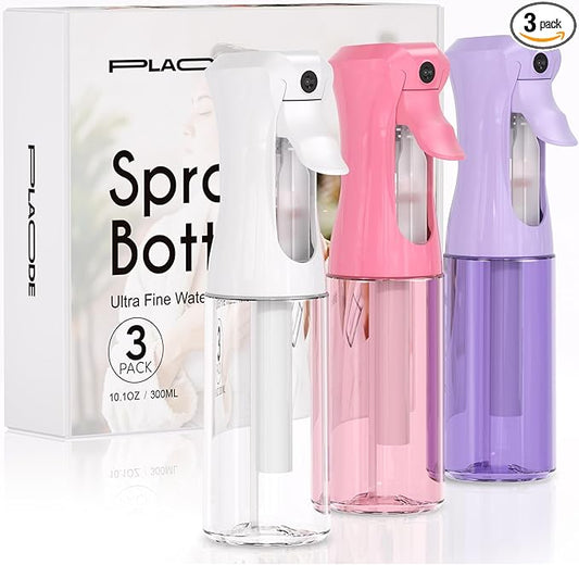 3 Pack Spray Bottle for Hair - Continuous Hair Spray Bottles Refillable Mister Sprayer for Hairstyling, Plants, Pets, Skincare, Cleaning (10.1 OZ/300ML, White+Pink+Purple)