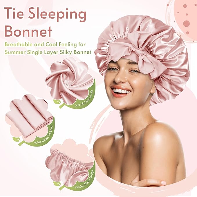 BONNET QUEEN Silk Bonnet for Sleeping Women Satin Bonnet Night Sleep Cap Wrap for Curly Hair with Adjustable Tie Band, Cream Pink