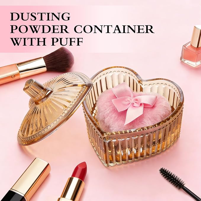 2 Pieces Large Body Powder Puff and Container - Dusting Powder Container with Puff, Crystal Case, Body Powder for Women Soft Washable Reusable Velour Face Body Glitter (Amber Love)