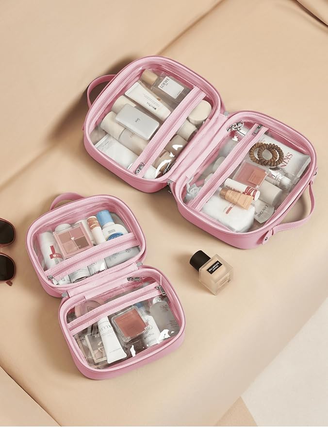 Oaque Clear Cosmetic Bag Double Layer Travel Toiletry Bag Clear Makeup Bag Case with 4 Compartments, Transparent Travel Bag for Toiletries, Large Toiletry Bag for Women Cosmetic Case (Pink, Large)