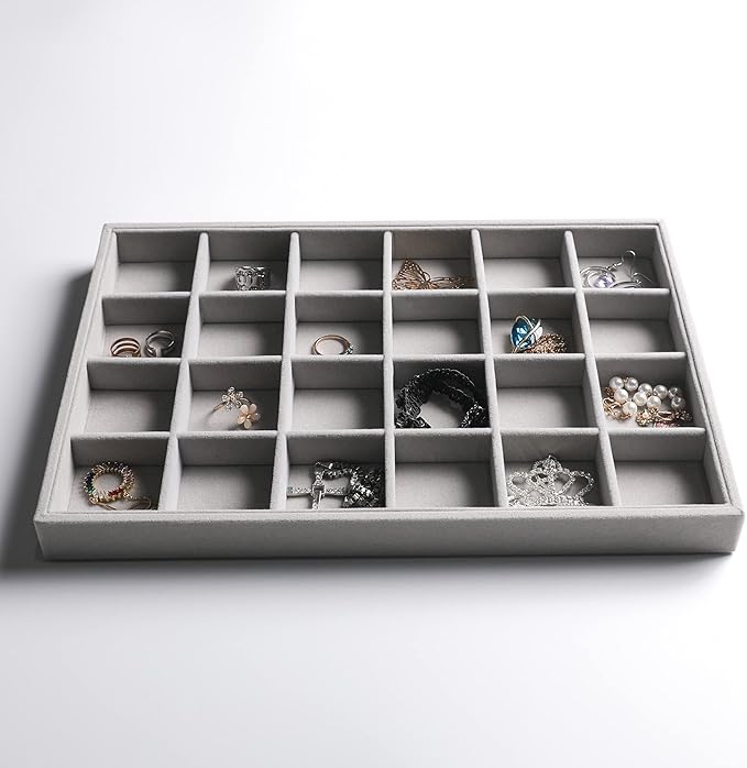 Frebeauty Stackable Velvet Jewelry Organizer Trays for Drawers Inserts Jewelry Storage Tray Display Case Earrings Bracelets Necklace Rings Accessories Trays for Women(Set of 4)(Grey).