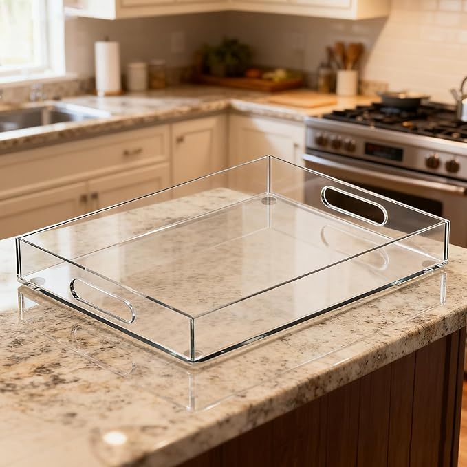 1-Piece Clear Acrylic Tray 12 * 16 Inches Suitable for Coffee Table Makeup Table Kitchen Countertop Acrylic Storage Tray Perfect for Gatherings Events Family Use with Handle,Easy to Carry