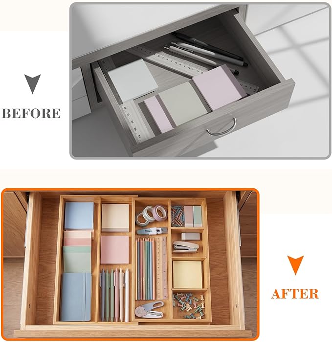 1 Pcs Bamboo Desk Drawer Organizer Wood 2 Inch Height Expandable Drawer Organizer Trays with 7 Adjustable Compartments Desk Accessories for Makeup Silverware Office Bathroom(Wood, Stylish)