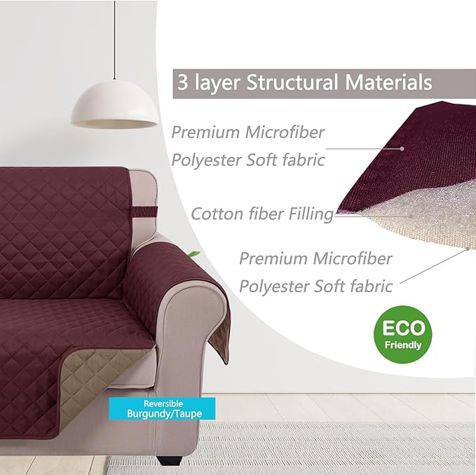 U-NICE HOME Reversible Sofa Cover Couch Cover for Dogs with Elastic Straps Water Resistant Furniture Protector for Pets Couch Cover for 3 Cushion Couch (Sofa, Burgundy/Tan)