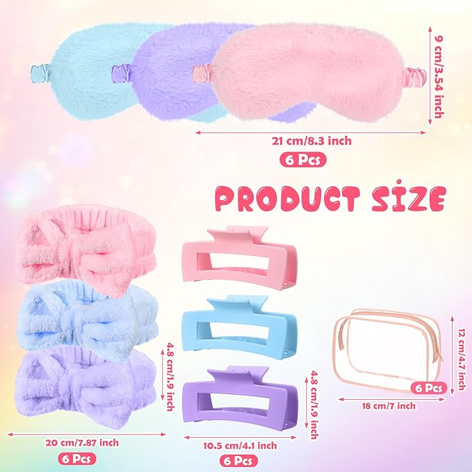 Hoteam 24 Pcs Galentine Spa Party Favors Supplies 6 Spa Headband 6 Plush Sleep Eye Mask 6 Hair Claw Clips 6 Clear Cosmetic Bags for Adult Sleepover Slumber Party Valentine Gift(Pink,Blue,Purple)
