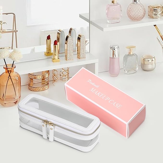 Pinkmik Makeup Brush Case Clear Travel Cosmetic & Toiletry Bag Slim Makeup Bag with Zipper Small Purse Organizer Car Essential Bag for Women (White, SLIM-1)
