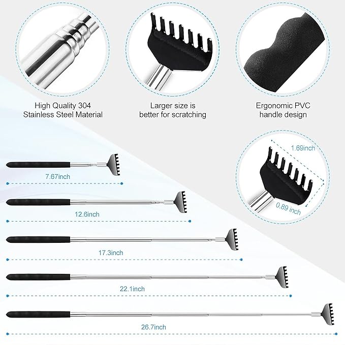 3 Pack Different Back Scratcher Metal Portable Telescoping with Rubber Handles, Extendable Back Massager Tool with Beautiful Box, Stocking Stuffers for Men Women Christmas Presents(Black)