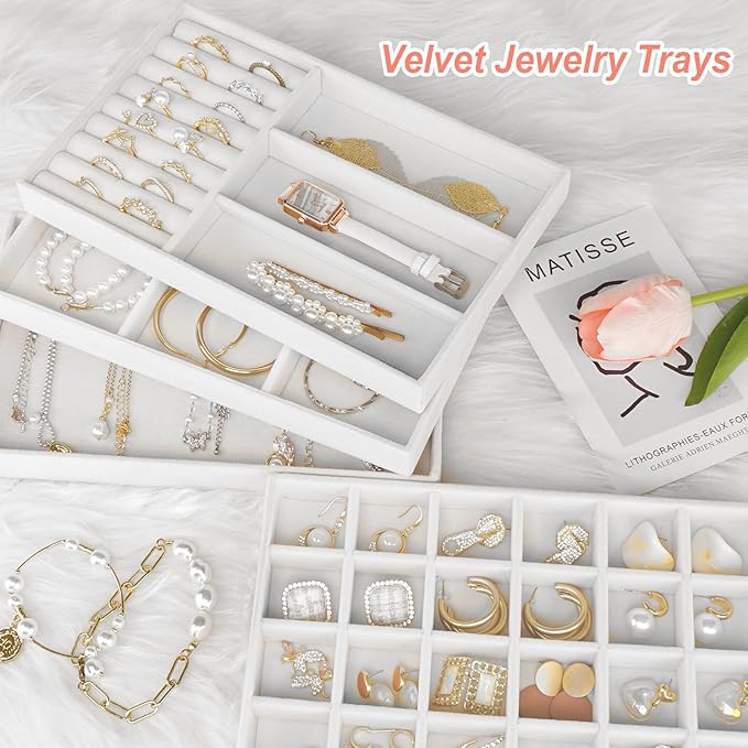Cirhy 4 Stackable Jewelry Organizer Trays for Drawer, White Velvet Jewelry Drawer Inserts for Necklaces Rings Earrings & Bracelets, Elegant Jewelry Storage Tray & Display Case, Gift for Women