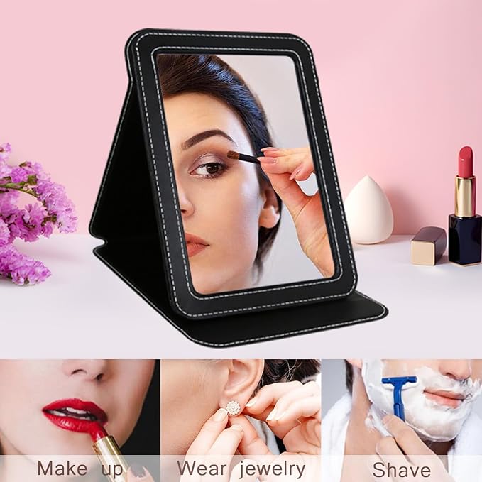 Travel Mirror for Desk, 6.5×8.9” Adjustable Rectangle PU Edge Covering Black Foldable Desk Mirror with Stand for Travel Camping Home (Black)