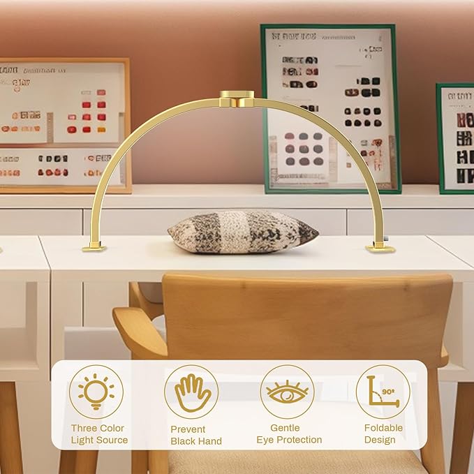 Foldable Large Half Moon LED Light for Table Nail Desk with Phone Stand, Upgrade Arch Light for Nail Techs with Wire Controller for Manicure Tattoo Beauty (Gold, Large)