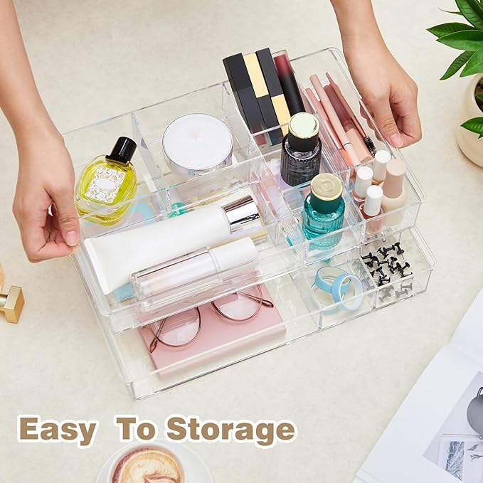 3 Pcs Clear Acrylic Desk Drawer Organizer 13.7 x 8.7 x 2 Inch Drawer Organizer Trays with 8 Compartments Desk Accessories for Office Makeup Silverware Bathroom