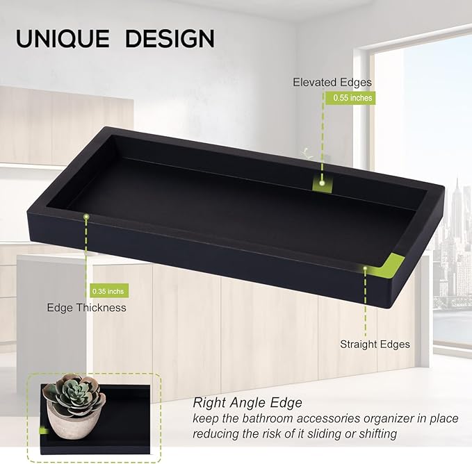 Bathroom Trays for Counter, Slicone Vanity Trays for Bathroom, Rectangle Sponge Holder for Kitchen Sink - Black
