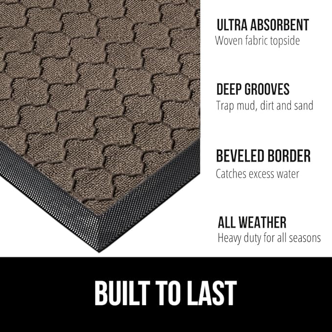 GORILLA GRIP 100% Waterproof All-Season WeatherMAX Doormat 35x23, US Designed Natural Rubber, Stain and Fade Resistant, Low Profile Indoor Outdoor Door Mats, Easy Clean Patio Mat, Latte Quatrefoil