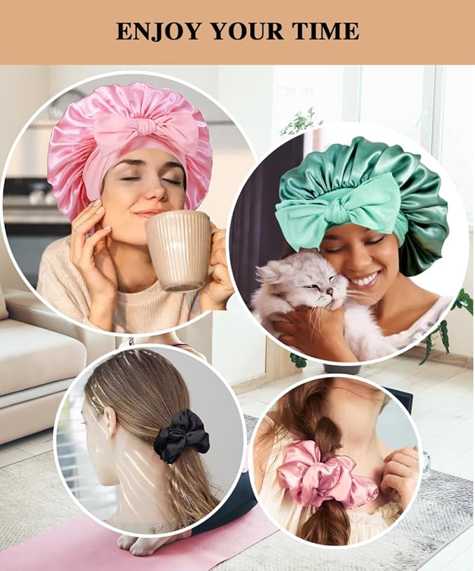 2+3 Large Satin Bonnets with Scrunchies for Women, Hair Bonnet Sleeping Tie Bonnet for Braids Curly Hair