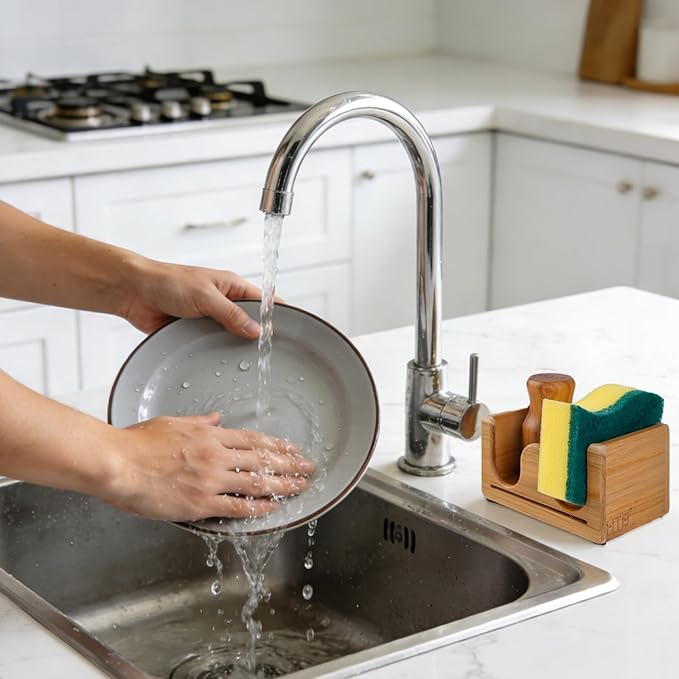 HTB Sponge Holder for Kitchen Sink,Teak Wood Dish Sponge Caddy Rack Tray Stand with Drain,Kitchen Sink Storage Organizer Countertop