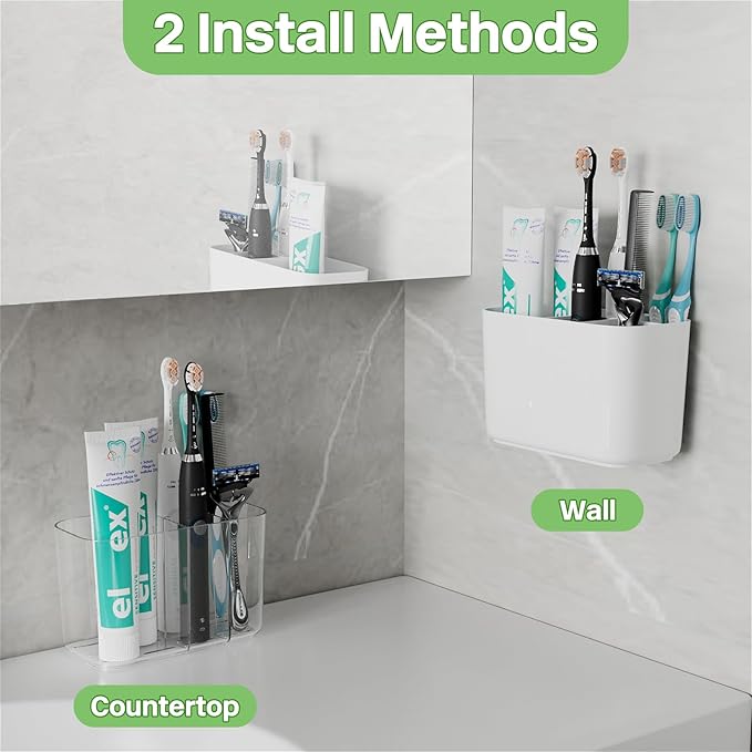 Toothbrush Holder for Bathroom Countertop and Wall with Adhesive, 5 Slots Family Size Electric Tooth Brush and Paste Holder, Kids Tooth Rush Holders and Toothpaste Organizer (Clear)