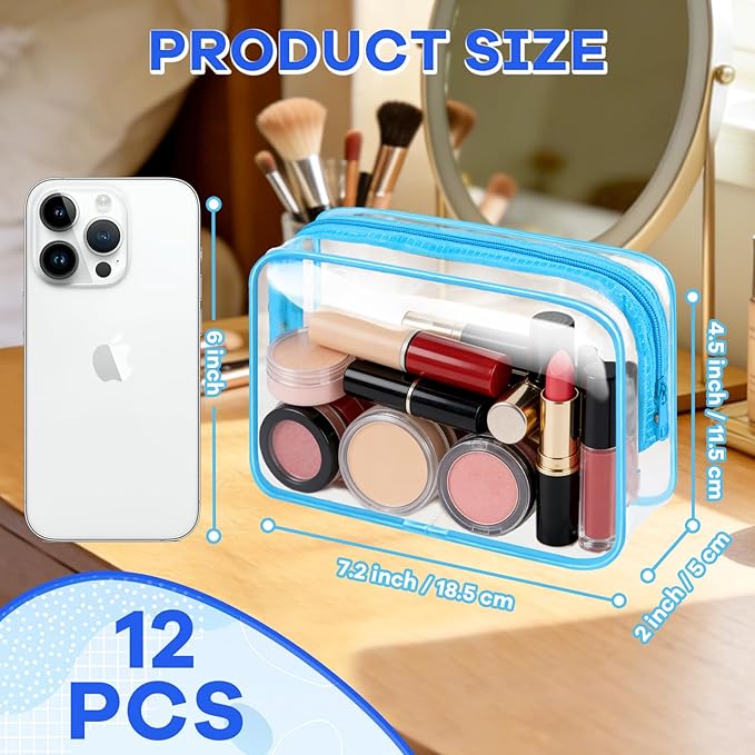 Clear Cosmetic Bag Transparent Makeup Bag for Women Men Waterproof Travel Makeup Clear Toiletry Organizer Cosmetic Storage Pouch Case with Zipper (12, Blue, Medium)