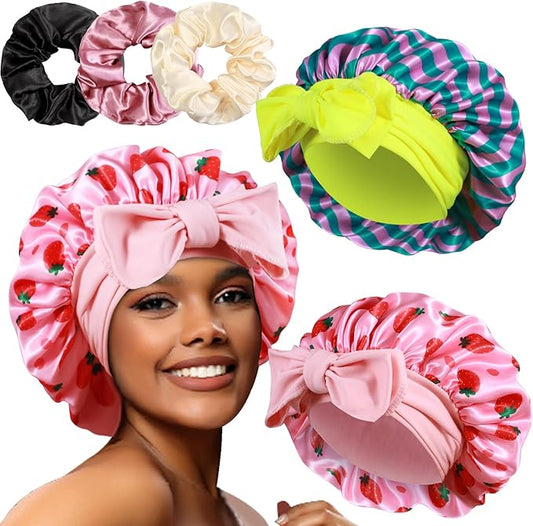 2+3 Large Satin Bonnets with Scrunchies for Women, Hair Bonnet Sleeping Tie Bonnet for Braids Curly Hair
