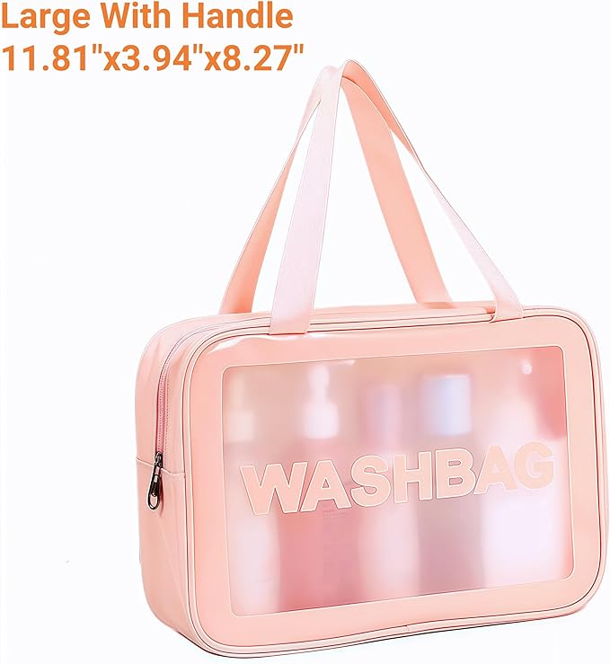 Waterproof Clear Frosted Travel Toiletry Bag For Men & Women: 3-Size Handle Cosmetic Case + 4 Pre-Labeled 2Oz Bottles & Sticker. Large Washbag Organizer. (Soft Pink)