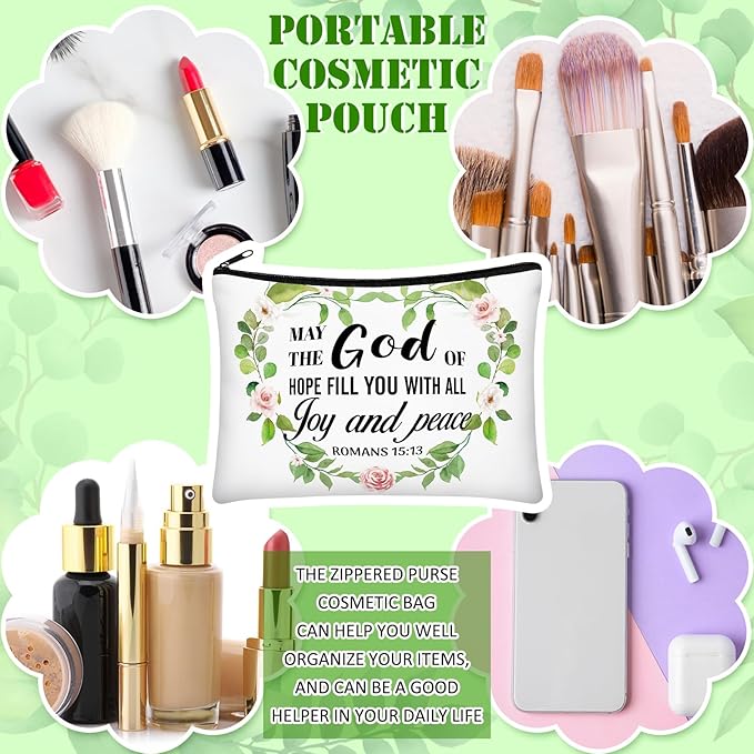 Pinkunn 16 Pcs Valentines Canvas Makeup Bags Bulk Inspirational Christian Women Religious Galentine Gifts Inspirational Bible Verse Pencil Pouch Makeup Bags with Zipper for Travel(Bible Leaves)