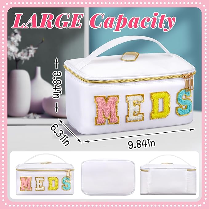 Geetery Clear Makeup Bag Chenille Letter Meds Bag Travel Cases Preppy Patch with Zipper, Portable Cosmetic Toiletry Storage case for Women(Meds,White)