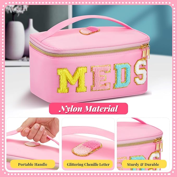 Geetery Clear Makeup Bag Chenille Letter Meds Bag Travel Cases Preppy Patch with Zipper, Portable Cosmetic Toiletry Storage case for Women(Meds,Pink)