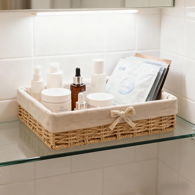 4PCS Wicker Storage Baskets Hand-woven Baskets for Shelves Rattan Basket for Bathroom Storage with Lining Decorative Rectangle Shelf Baskets Set for Pantry Kitchen Bedroom
