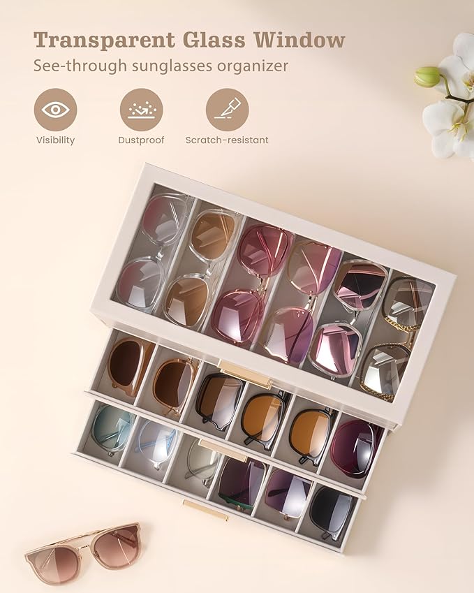 Lolalet Beige Sunglasses Storage Box for Women, Eyewear Eye Glass Organizer with Clear Top Lid Display Holder Case