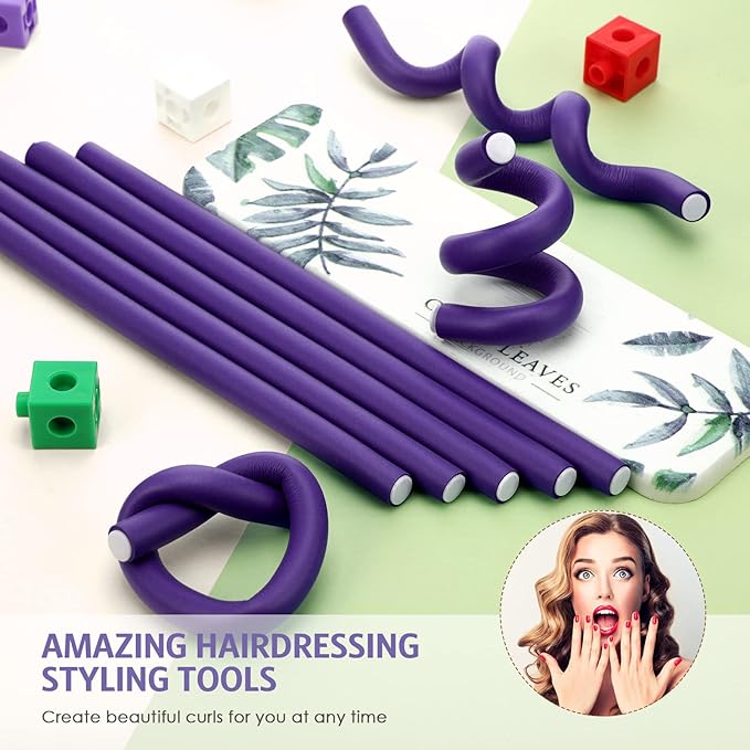 Syhood 30 Pcs Flexible Curling Rods 9.45 Twist Foam Rollers Soft Foam No Heat Hair Rods Rollers and 1 Steel Pintail Comb Rat Tail Comb for Women Long Short Hair(Purple,9.45 x 0.47 Inch)
