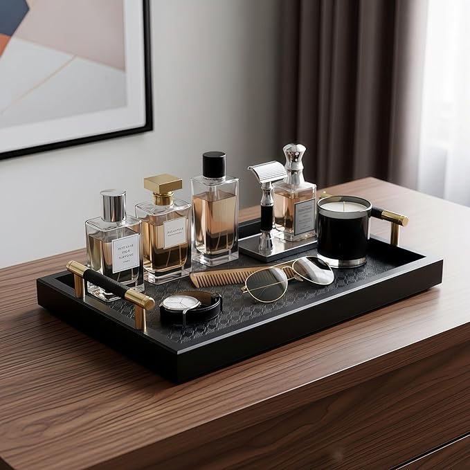 Bamboo Vanity Tray for Dresser - 13.4" Black Gold Catchall Organizer for Cologne, Perfume, Cosmetics, Jewelry, Candle, Watch, Key - Decorative Valet Tray for Living room, Bathroom, Bedroom, Countertop