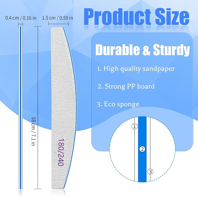 BLESWIN Nail Files 180/240 Grit, 25 Pcs Professional Double Sided Emery Board, Reusable Washable Coarse Tool for Acrylic & Gel Nails, Home Salon Application