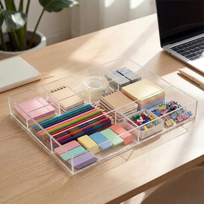 Large Acrylic Desk Deep Drawer Organizer with Adjustable Dividers, Anti-Skip Clear Desk Top Organizer Tray for Pens, Desktop, Office, Bathroom, Kitchen, Makeup Supplies(7 Compartments)