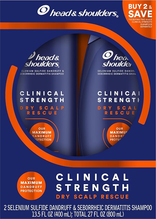 Head & Shoulders Anti-Dandruff Shampoo, Clinical Strength Dry Scalp Rescue Shampoo Twin Pack, 1% Selenium Sulfide, Seborrheic Dermatitis Relief, Dry Scalp 13.5 fl oz Each
