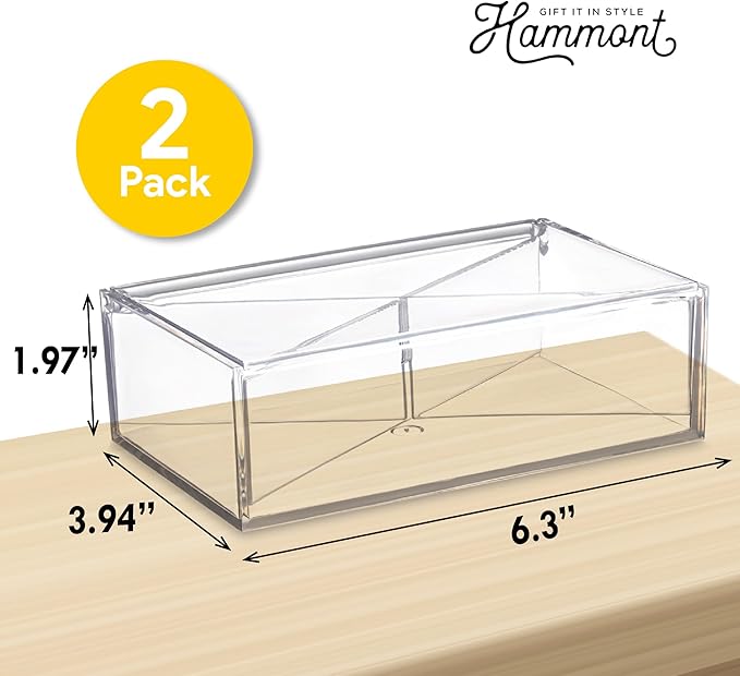 Hammont Clear Acrylic Box with Hinged Lid – Small Plastic Organizer for Office, Desk, Makeup, Crafts, Cotton Balls, Jewelry & More | 6.5''x4''x2'' (2 Pack)