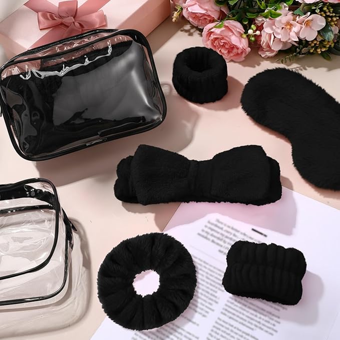 Hoteam 10 Pcs Galentine Spa Party Supplies Valentine Gift Set Sleepover Party Favor Spa Headband Wristband Sleep Eye Mask Velvet Scrunchies for Skin Care Makeup Slumber Night Favor(Black)