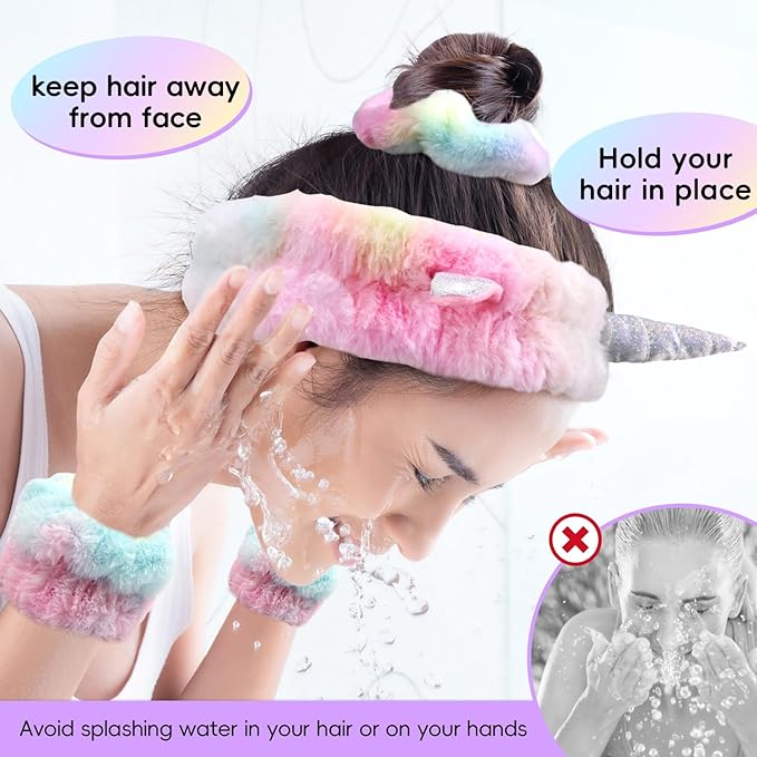 Face Wash Headband Set With Wrist Bands and Hair Scrunchie - Cute Rainbow Elastic Spa Hair Bands for Washing Face, Makeup, Skincare