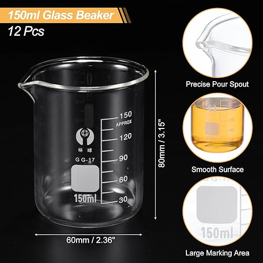 PATIKIL 150ml Low Form Glass Beaker, 12 Pack 3.3 Borosilicate Glass Graduated Printed Scale Measuring Cups with Spout for Kitchen Lab Liquids