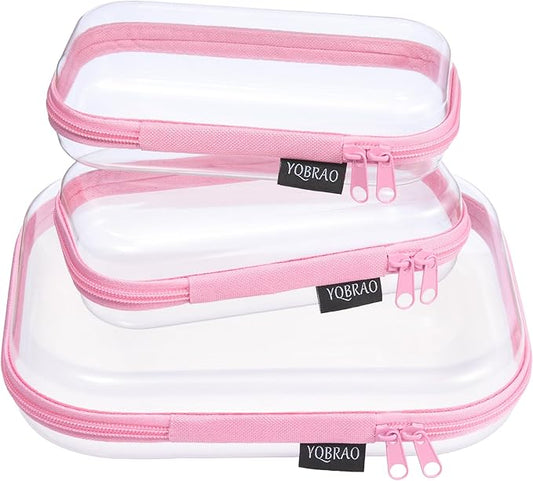 3 Pack Hard Sided Clear Zipper Case for Storage- Thickened-Grade Clear Hard Shell Zipper Case for Organizing Bead, Handicrafts, Sewing, Toiletries, Makeup (Pink)