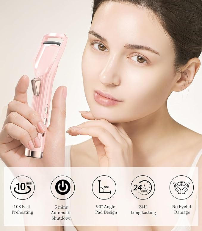 Heated Eyelash Curler Premium PRO - Fast Heat up in 8s - 24 Hours Long Lasting - Rechargeable Electric Eyelash Curler with Type-C, Innovative L Silicone, 2 Heat Modes, Anti-Burn Eyelid, Pink-FD