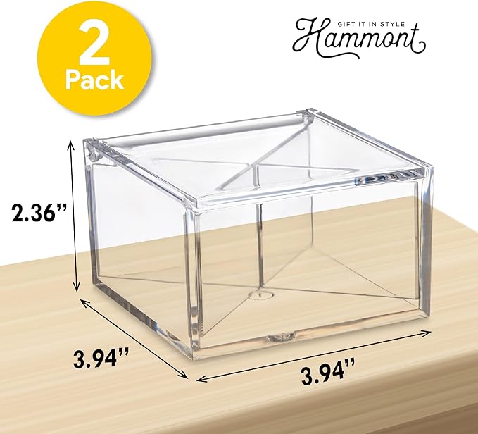 Hammont Clear Acrylic Box with Hinged Lid – Small Plastic Organizer for Office, Desk, Makeup, Crafts, Cotton Balls, Jewelry & More | SECTIONAL: 4"x4"x2.5" (2 Pack)