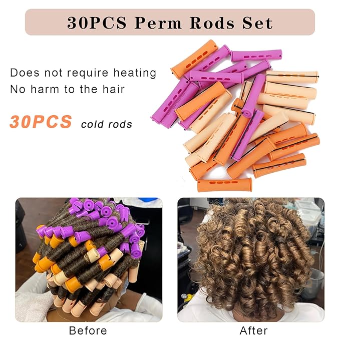 30Pcs Perm Rods Set For Short Hair,Orange Beige Purple Perm Rods For Long Hair 3 Sizes Cold Wave Non-Slip Perming Rods Hairdressing Tools