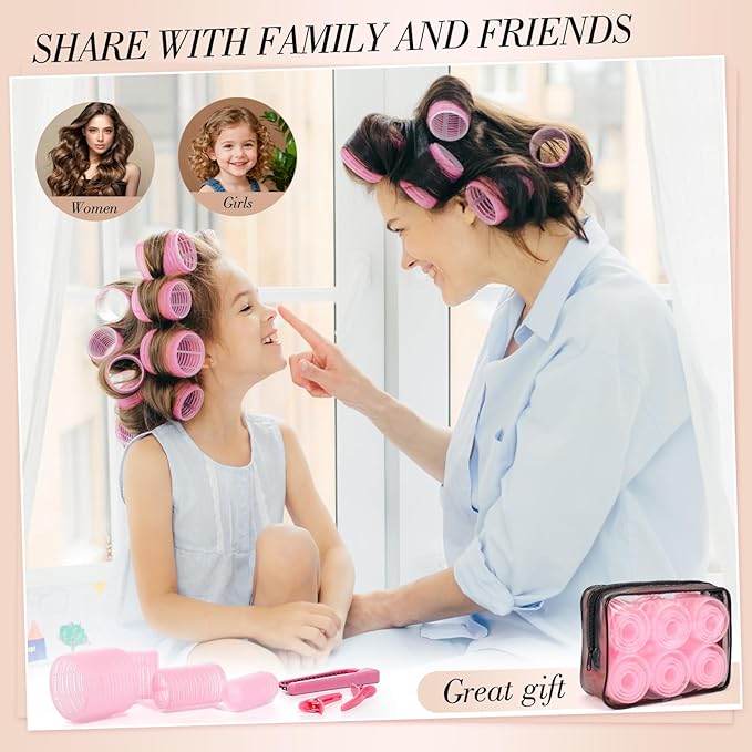 Obeoby 4 Sizes Hair Rollers for Women, Hair Curlers with Clips Comb Curlers for Long Short Curly Hair and Bangs (25, 36, 48, 60mm), Pink Valentines Day Gifts