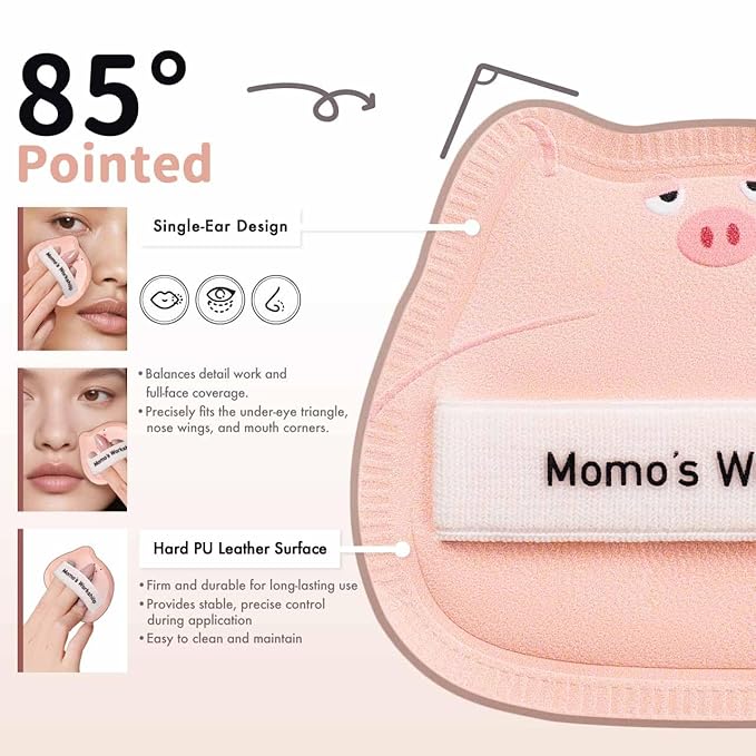 2-Pack Cute Sleepy Pig Makeup Sponge Oxygen-Finish Makeup Sponge for Liquid Foundation & Cream Blush, 85° Angled Tip, Hydrophilic PU for Sheer & Natural Makeup, Buildable Coverage Sponge