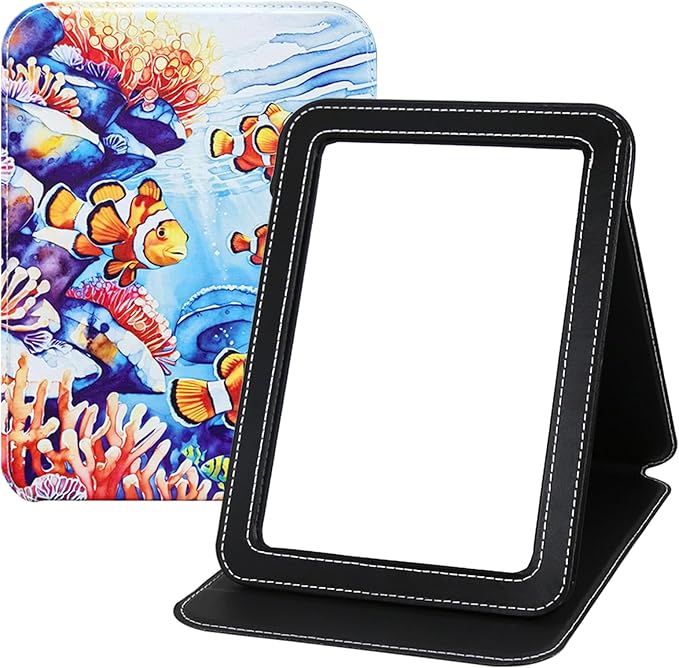 Portable Folding Makeup Mirror, 9x7 Inch PU Leather Desk Foldable Travel Mirror, Multi-Angle Rectangular HD Vanity Mirror with Adjustable Stand for Traveling Office Table Camping Home Rounded Corners
